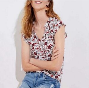 LOFT Floral Multi Media Top Ruffle Neckline Summer Casual Womens Blouse Bohemian